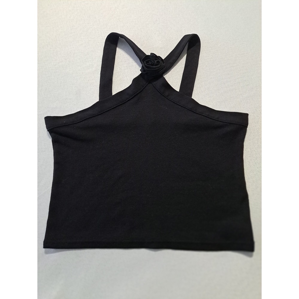Muy Muy Fancy Collection Black Rosette Halter Ribbed Crop Top MM-A1709 Large